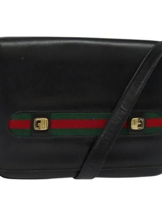 Gucci Handbags - GUCCI Web Sherry Line Shoulder Bag Leather Black Gold Auth ep9327